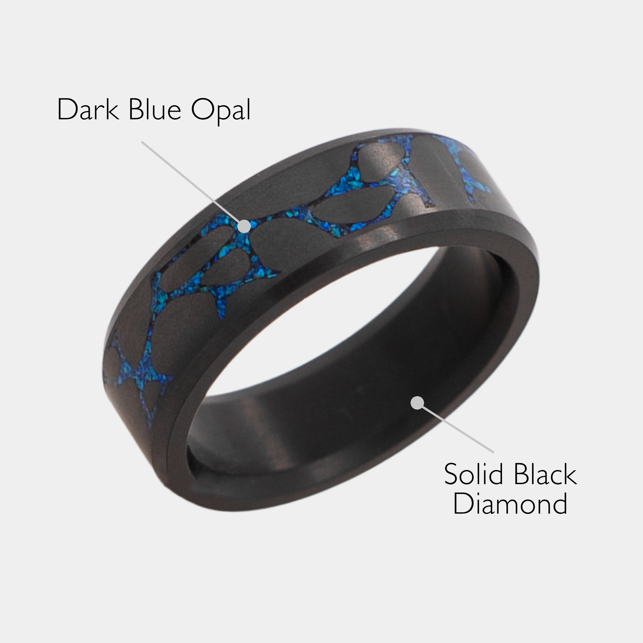 Solid Black Diamond ring with laser engraved river stone inlay filled with blue opal on a light gray background with surrounding text labeled "Dark Blue Opal" and "Solid Black Diamond"
