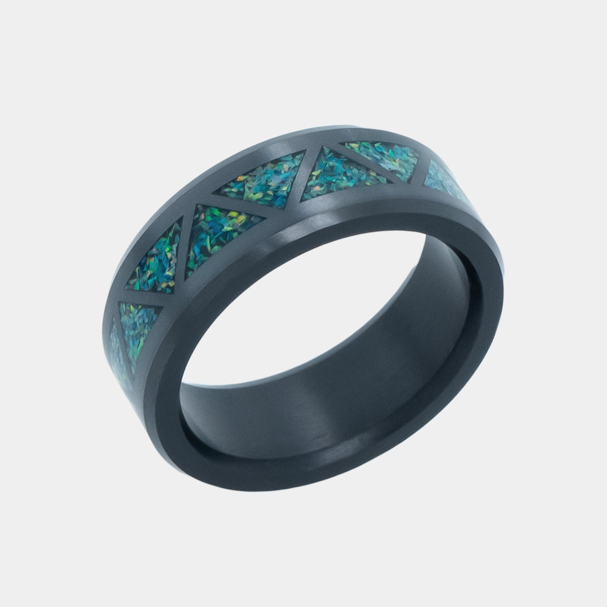 Black Diamond - Men’s Ring 8mm - Blue Dragon Opal Triangle Pattern Inlay - ARES - Elysium Black Diamond
