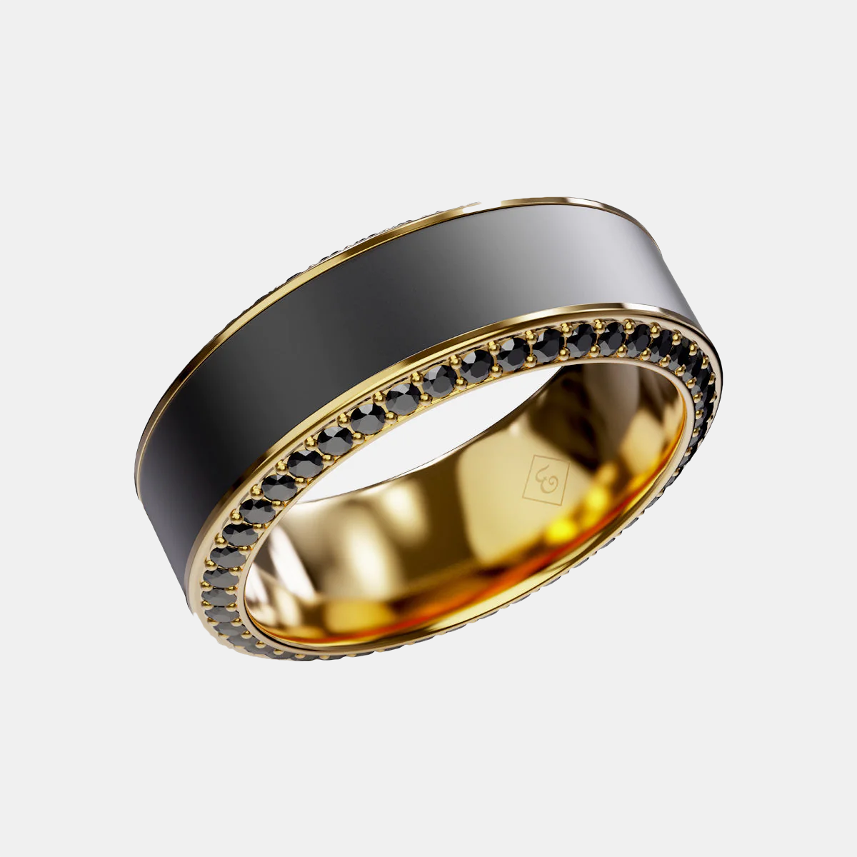 HELIOS - 8mm - Size 9 - 18K Yellow Gold Band w Black Diamond inlay and Diamond Insets Polished Finish - SHIPS WITHIN 2 BUSINESS DAYS