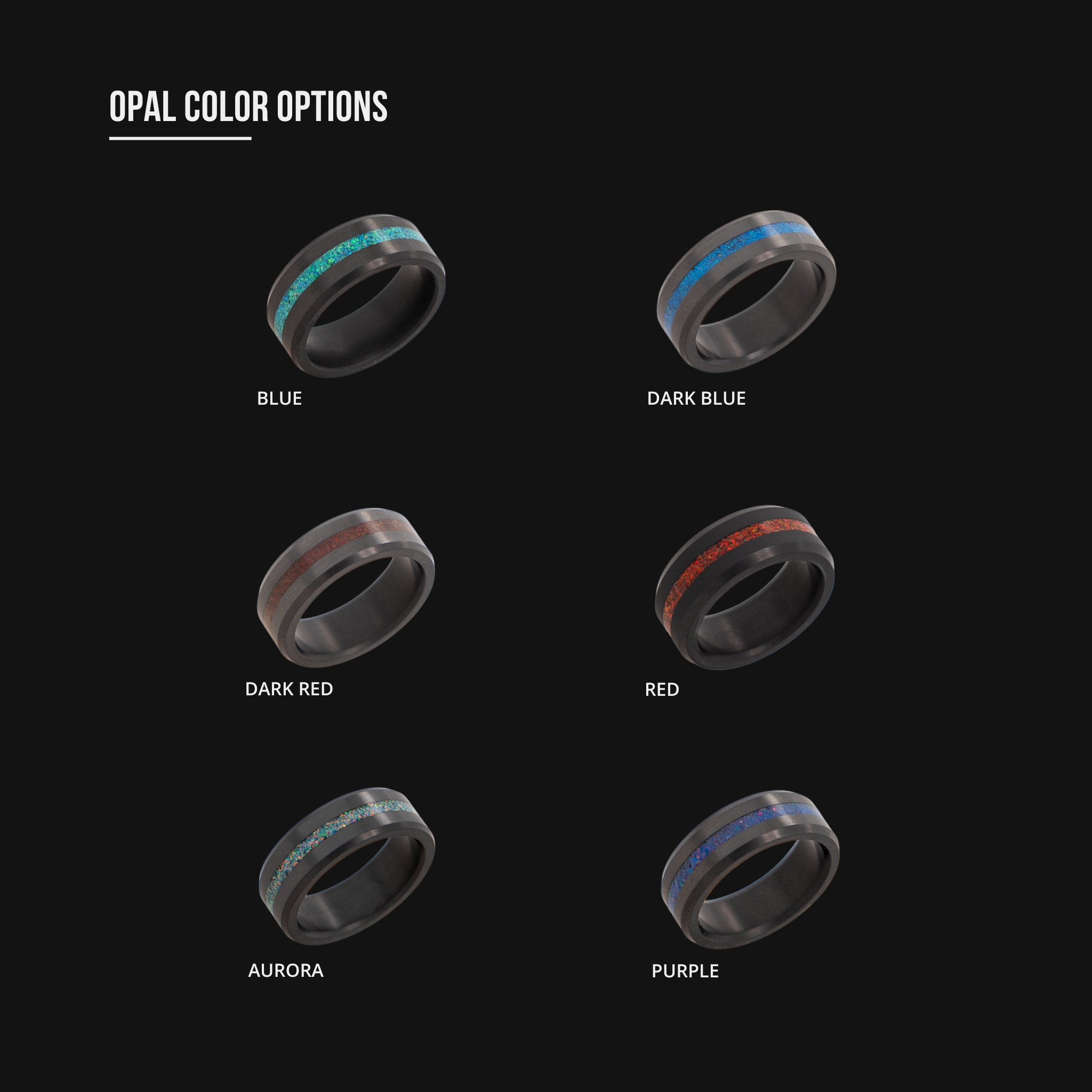 Example of opal inlay color options including blue, dark blue, dark red, red, aurora and purple