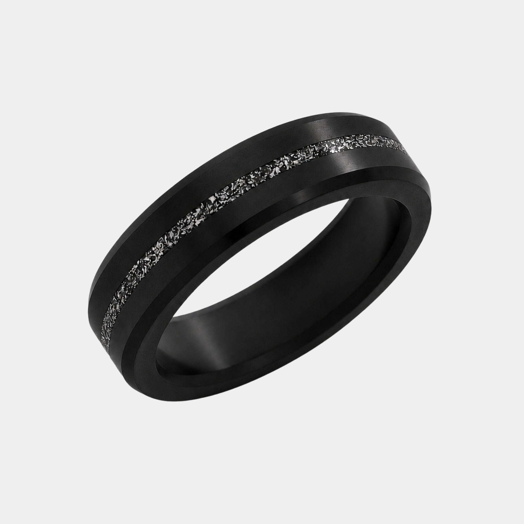 ARES meteorite inlay wedding band in solid black diamond, 6mm