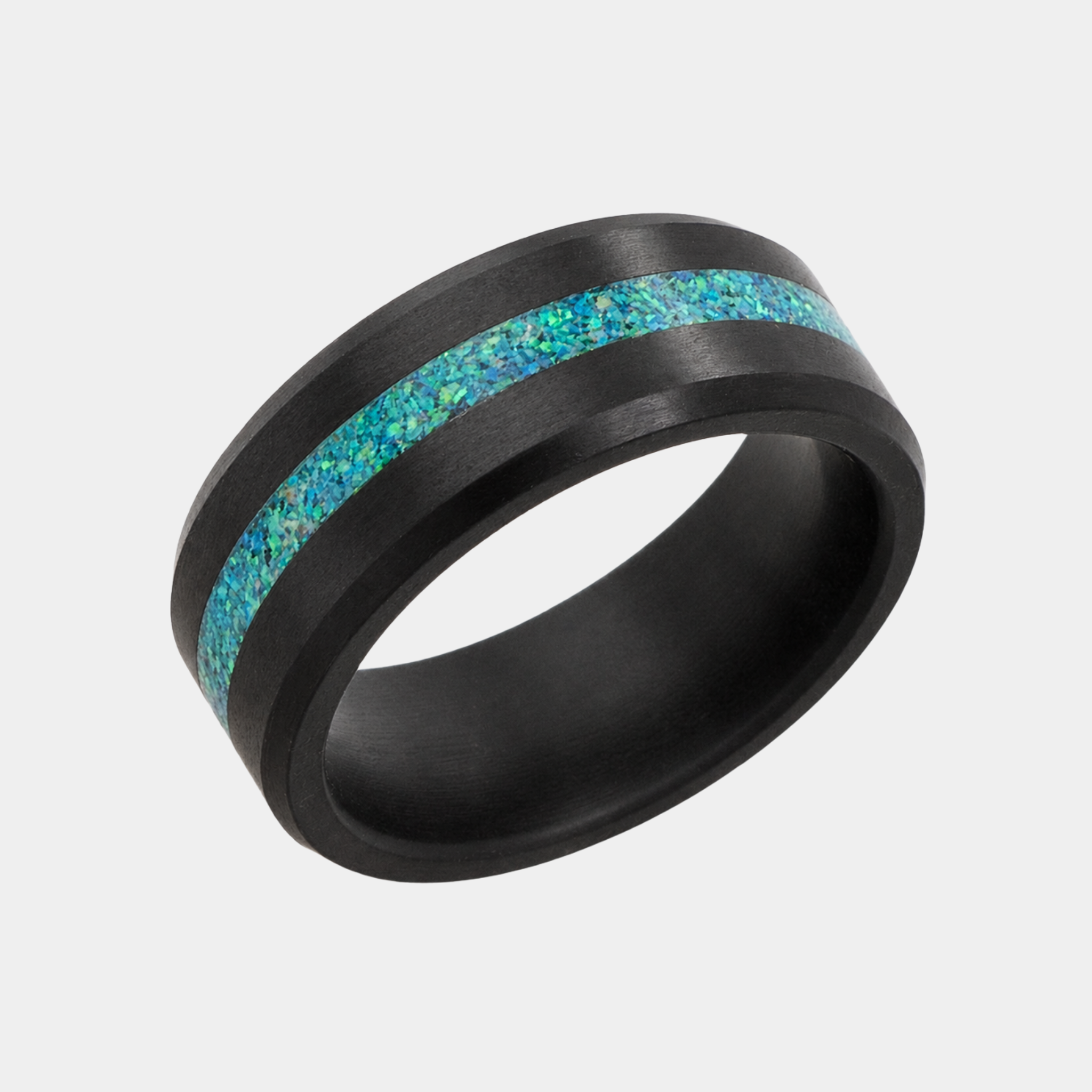 ARES 8mm solid black diamond ring with centered blue opal inlay