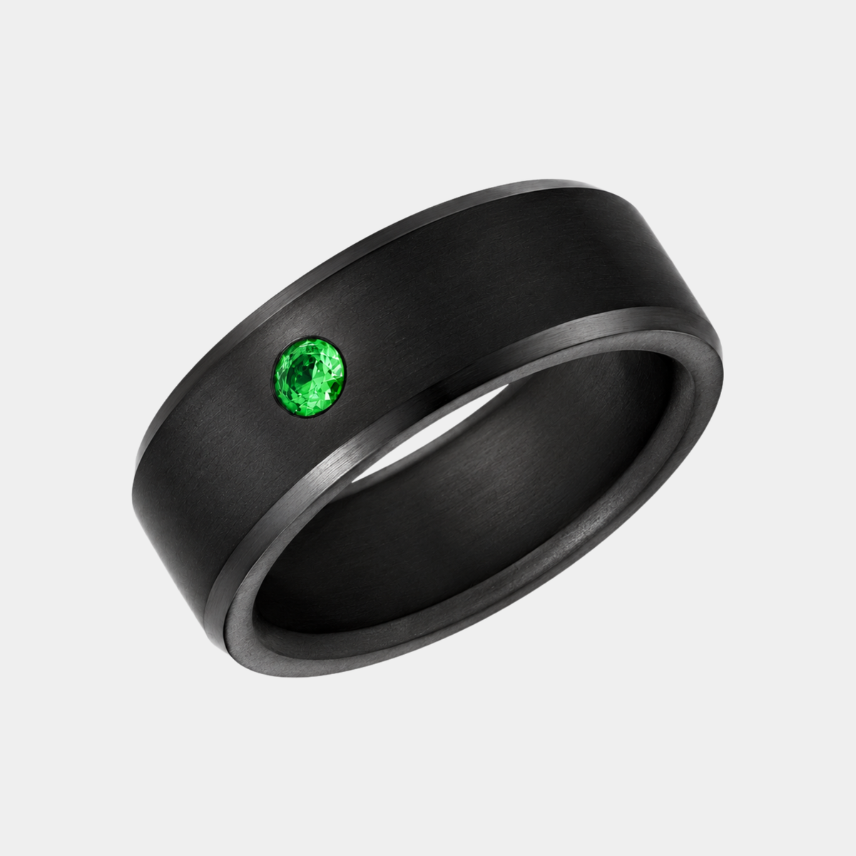 8mm ARES Stone Accent solid black diamond ring with beveled edges and a single Green diamond, angled view.