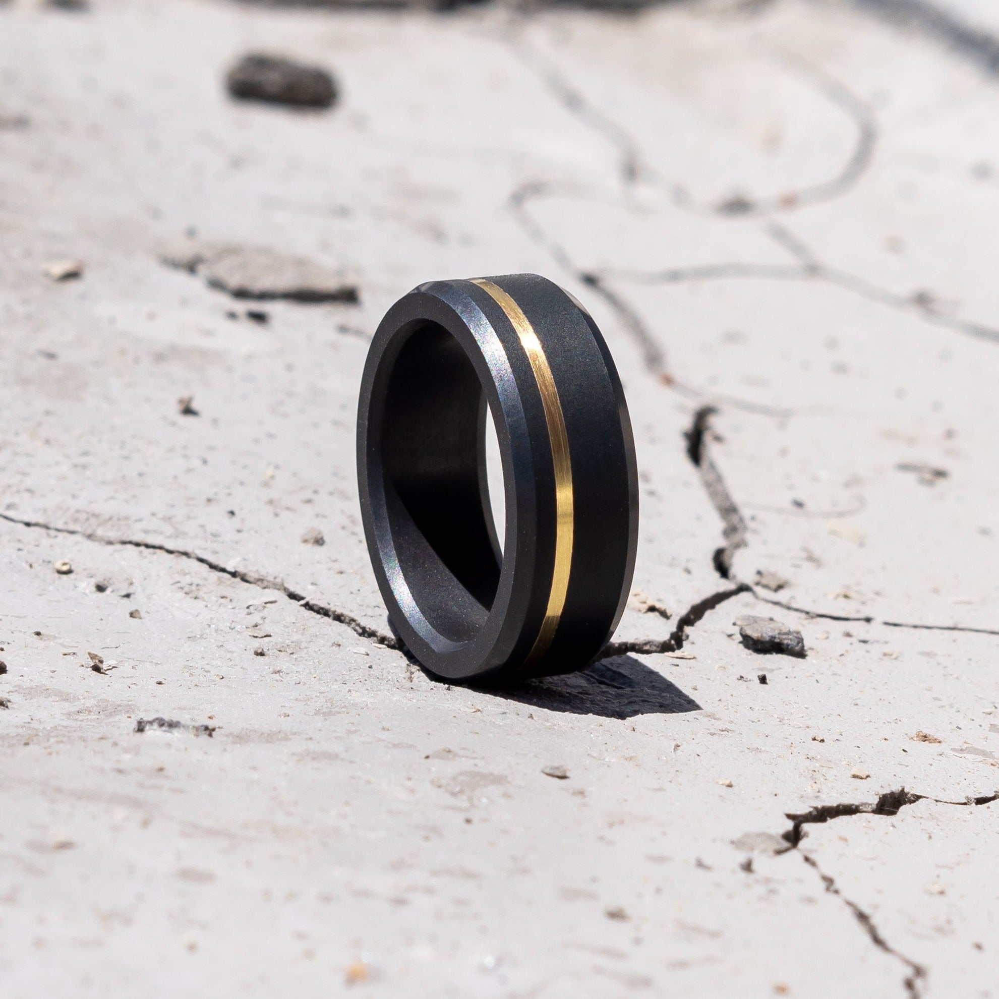 Black Diamond - Men’s Ring 8mm - Offset Inlay Gold - ARES - Elysium Black Diamond