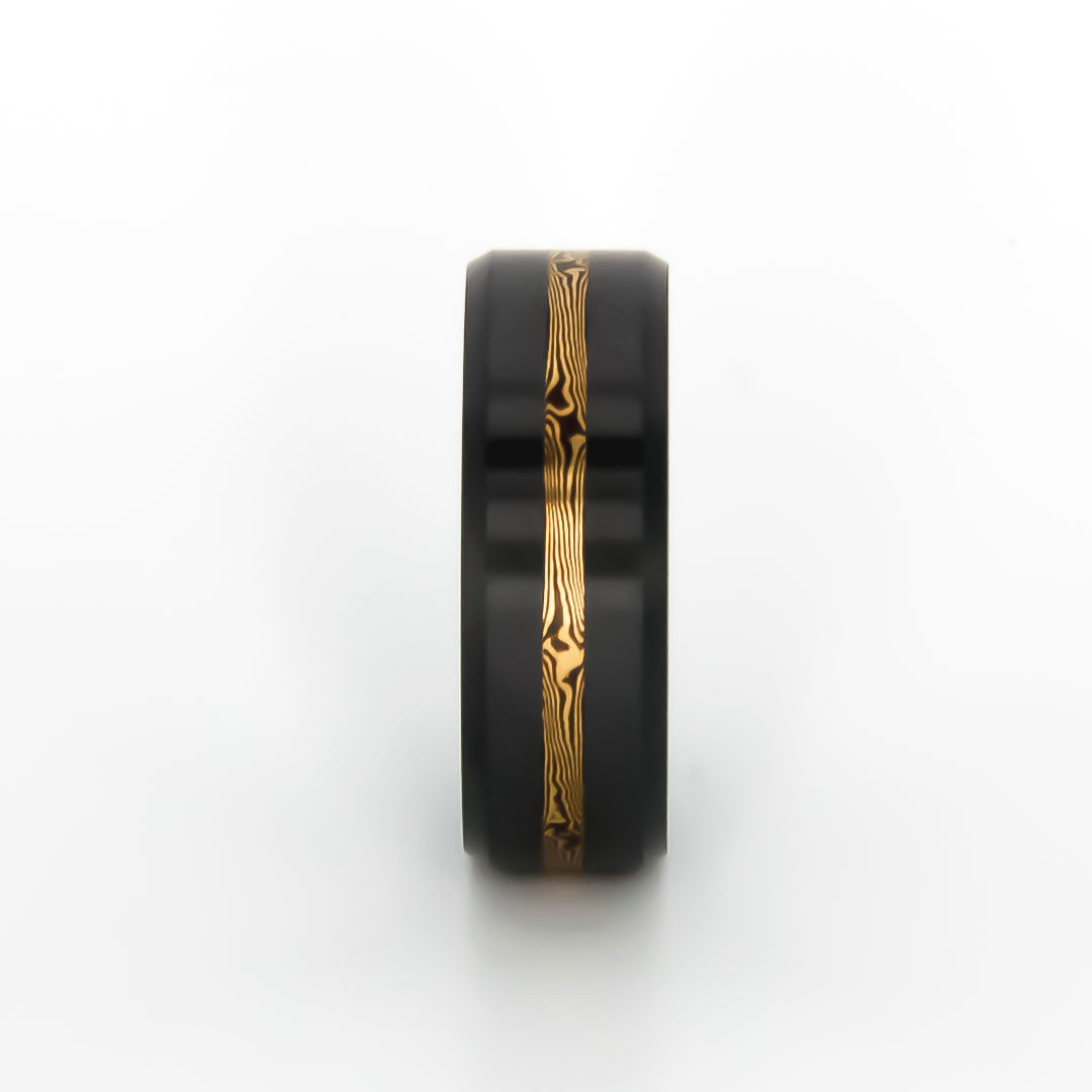 ElysiumBlack.com | Elysium ARES - Solid Black Diamond Ring - 14K Yellow Gold Mokume Inlay - Image 3