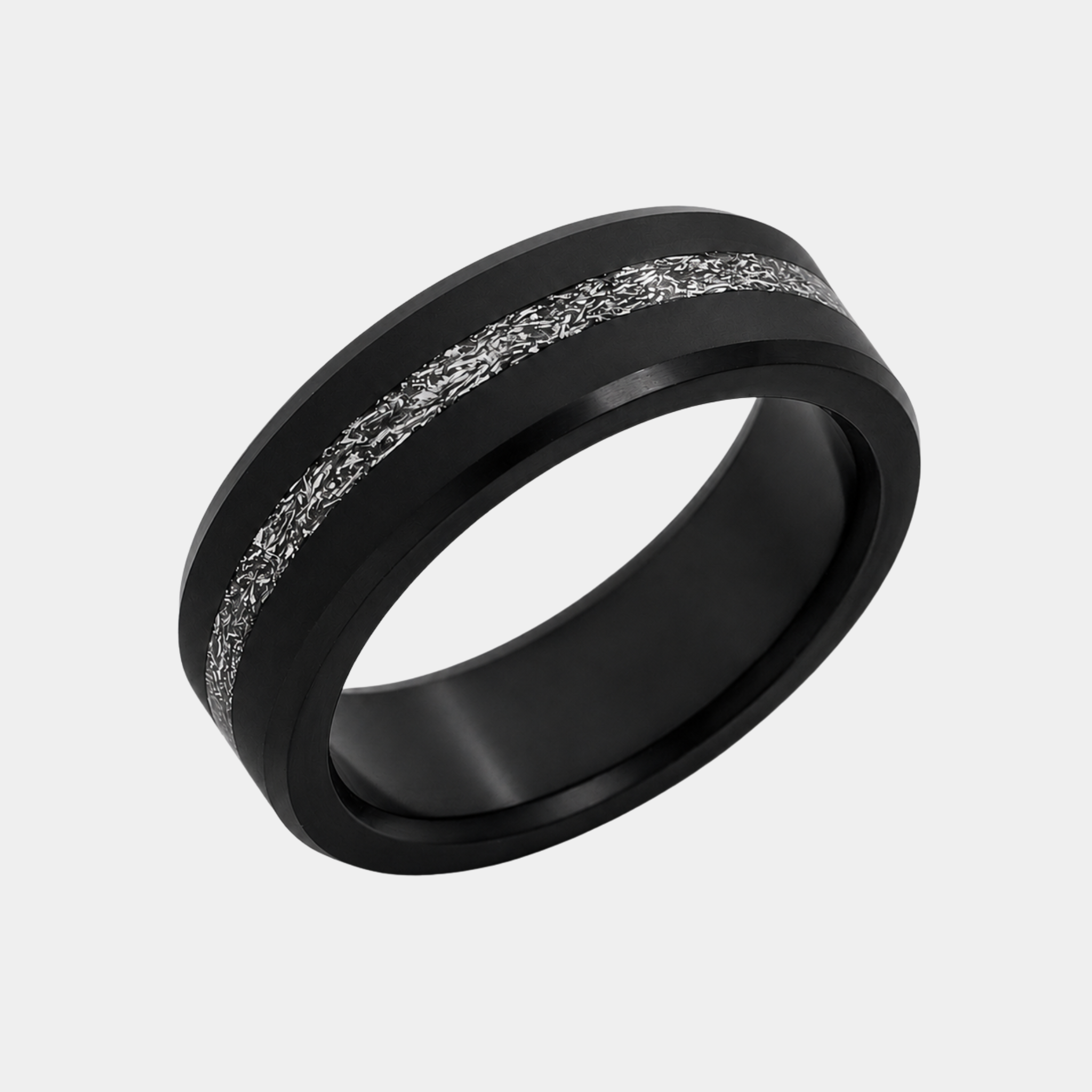 ARES meteorite inlay wedding band in solid black diamond, 8mm