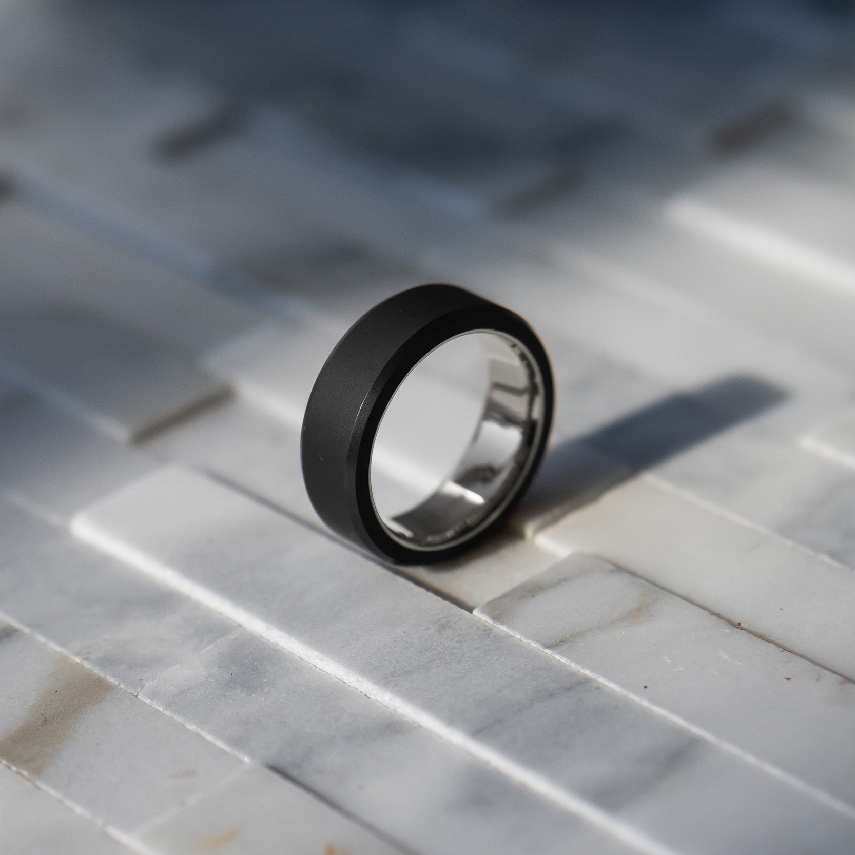 Black Diamond - Men’s Ring 8mm - 14k White Gold Sleeve - ARES - Elysium Black Diamond