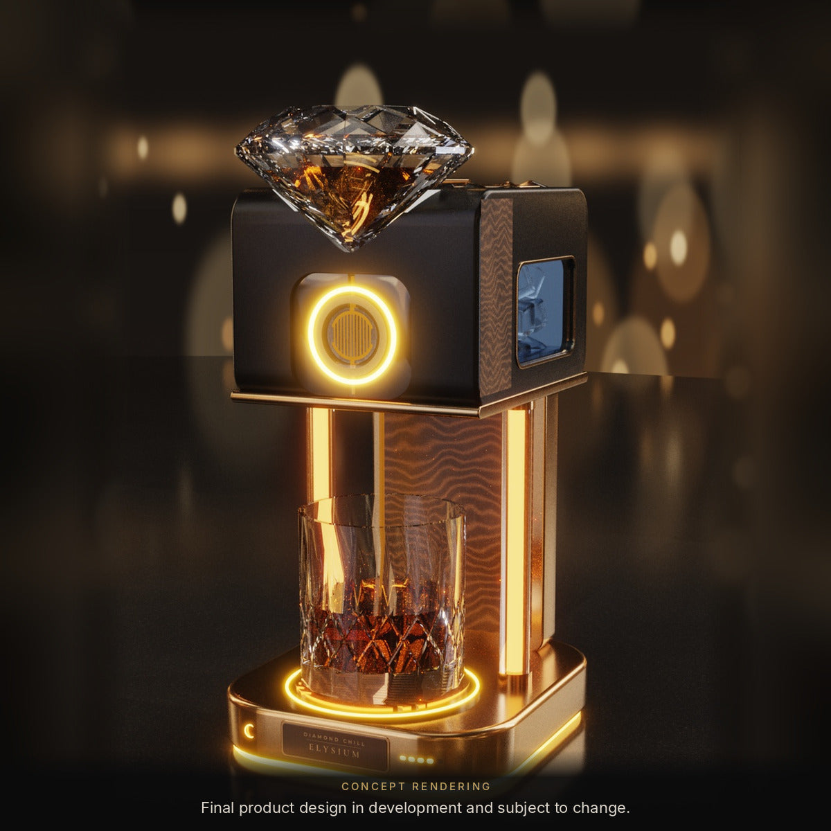 Diamond Chill Founder's Edition concept rendering,  design in walnut and bronze