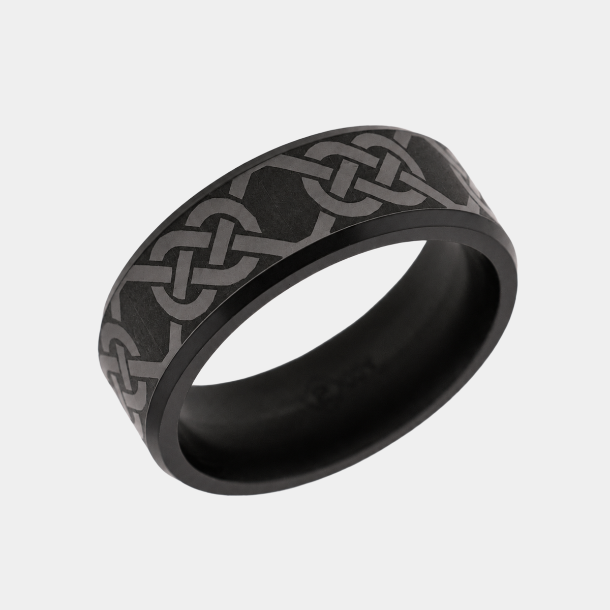 8mm ARES solid black diamond ring with beveled edges and an example laser-engraved knot design.