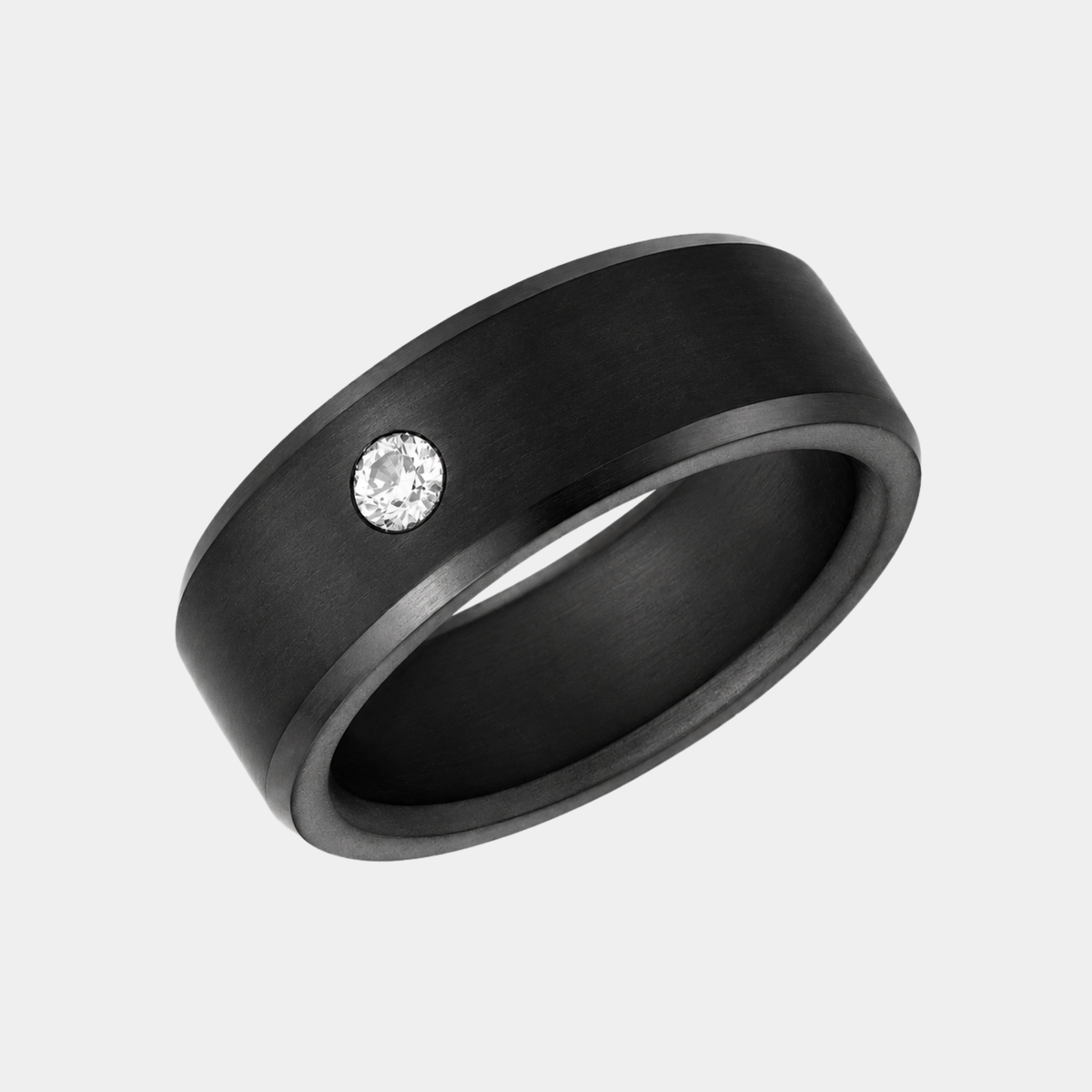 8mm ARES Stone Accent solid black diamond ring with beveled edges and a single White diamond, angled view.
