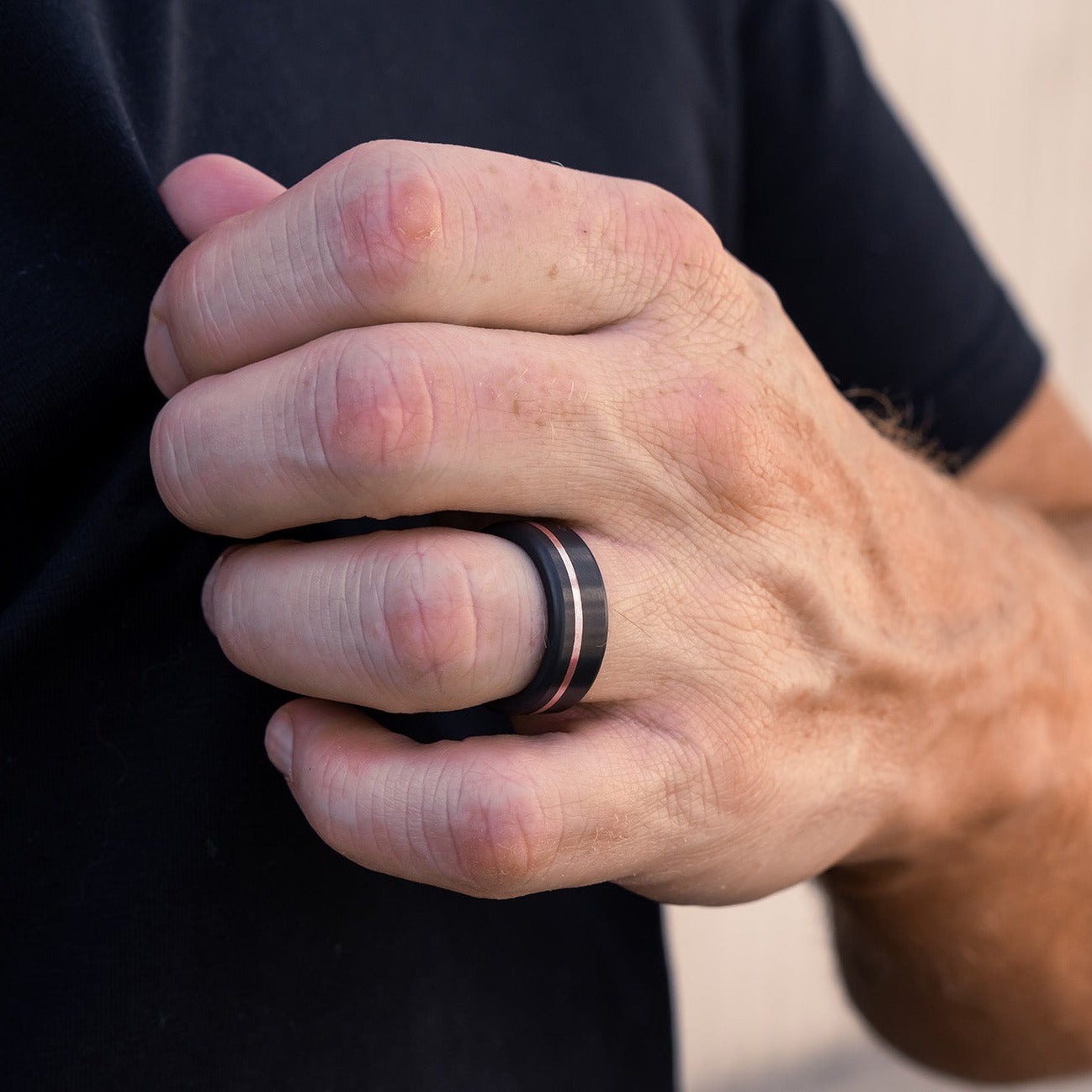 Black Diamond - Men’s Ring 8mm - Offset Inlay Rose Gold - KRATOS - Elysium Black Diamond